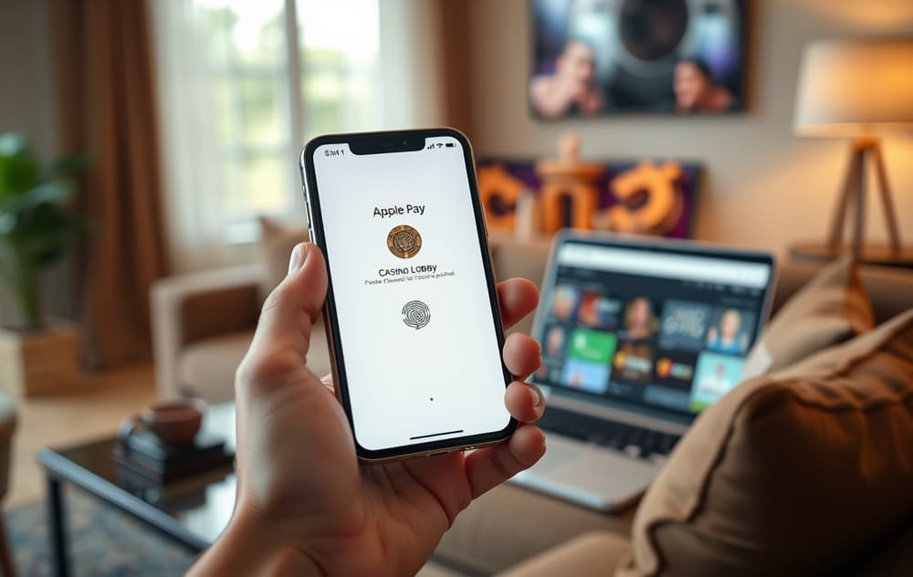 iPhone med Apple Pay-betaling på et nettcasino – Face ID autentiserer innskuddet.