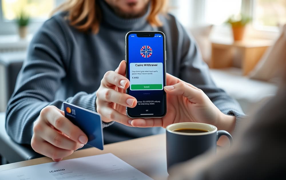 Norsk person med smarttelefon som viser uttaksbekreftelse fra casino, med bankkort og kaffe på bordet.