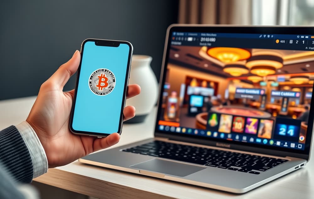 Person med mobiltelefon som viser en Bitcoin QR-kode, ved siden av en laptop med et nettcasino.