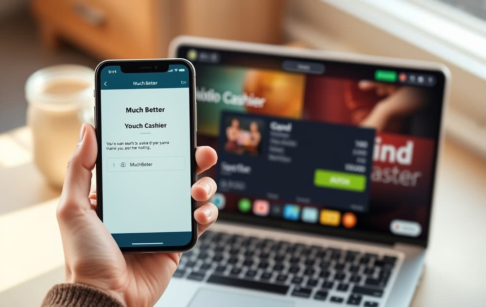 En person som bruker MuchBetter-appen på mobilen for å betale inn på et nettcasino, med laptop i bakgrunnen.