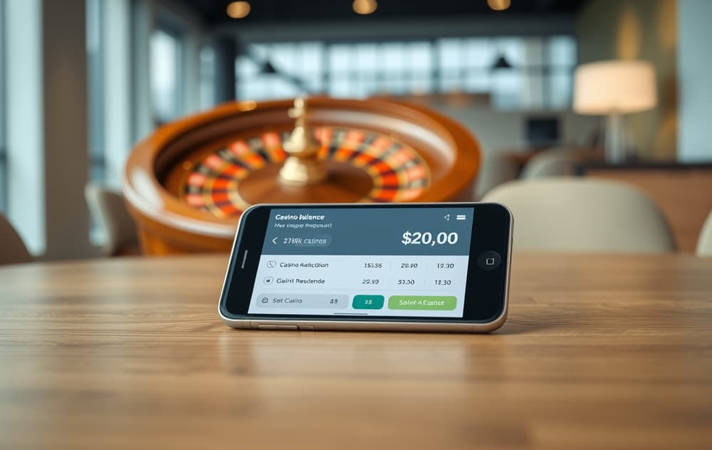 Smarttelefon med 200 kr bonus og rulett i bakgrunnen, på et trebord med dempet belysning