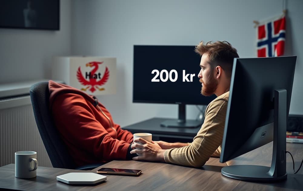 Norsk spiller med PC som mottar en innskuddsfri bonus, med Hjelpelinjen-lenke i bakgrunnen.