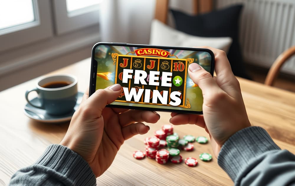 Person med mobiltelefon som viser freespins på en spilleautomat, med casinobrikker og kaffekopp på bordet.