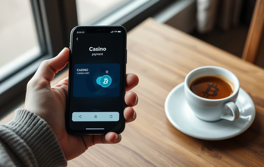 En person som holder en smarttelefon med en betalingsskjerm fra et nettcasino, med VISA-kort og Bitcoin-symbol synlig, på et trebord med kaffekopp.