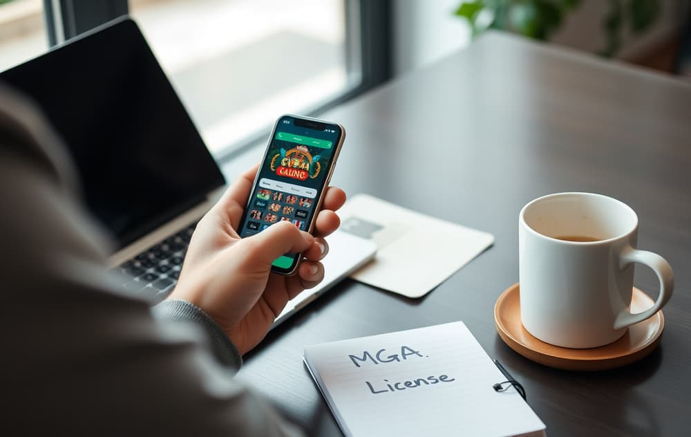 Person som velger casino på laptop og mobil, med notatblokk og kaffekopp