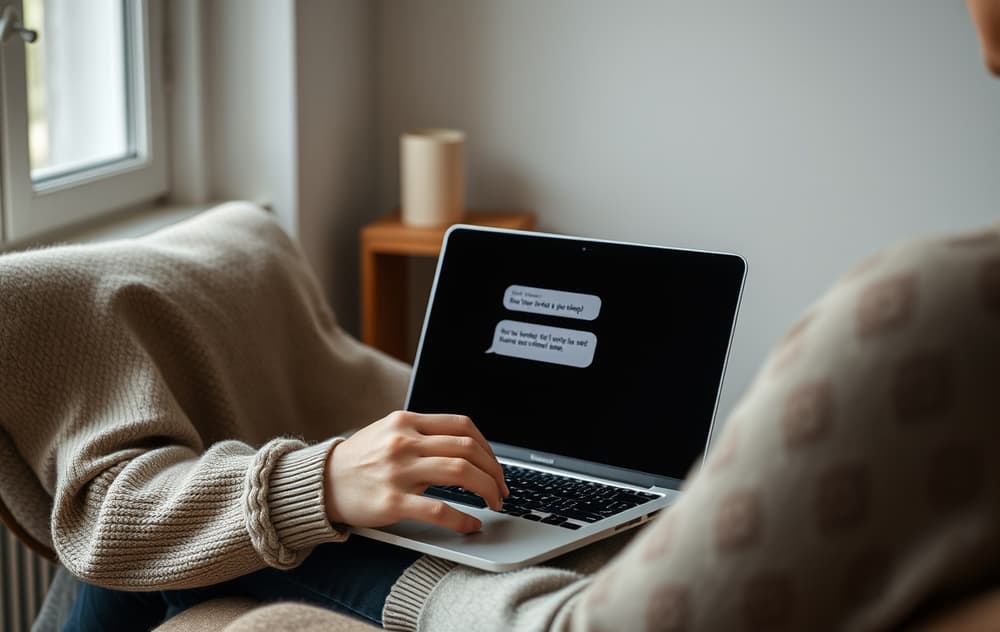 Person ved laptop med live chat-boble på skjermen