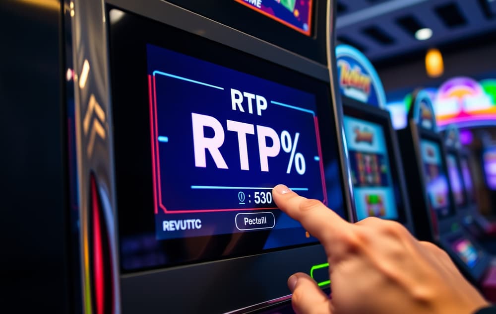 Spiller på spilleautomat med RTP-prosent synlig på skjermen