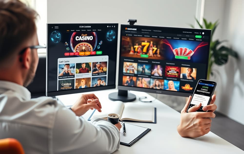 En anmelder som sammenligner casinoer på flere skjermer med notatblokk og kaffekopp.