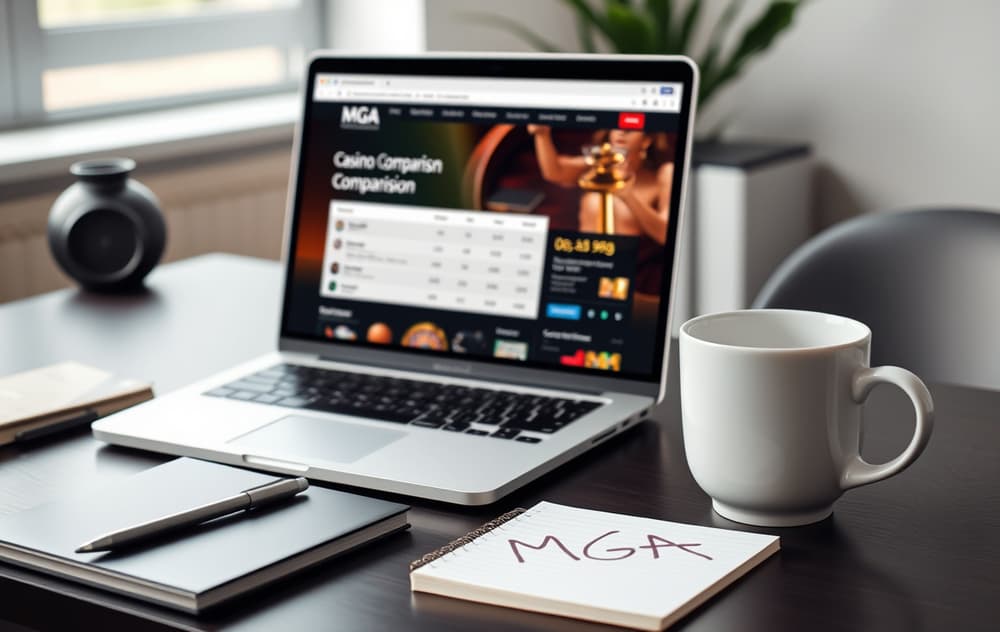 Skrivebord med laptop som viser en casin sammenligningsside, kaffekopp og notatblokk med MGA skrevet på.