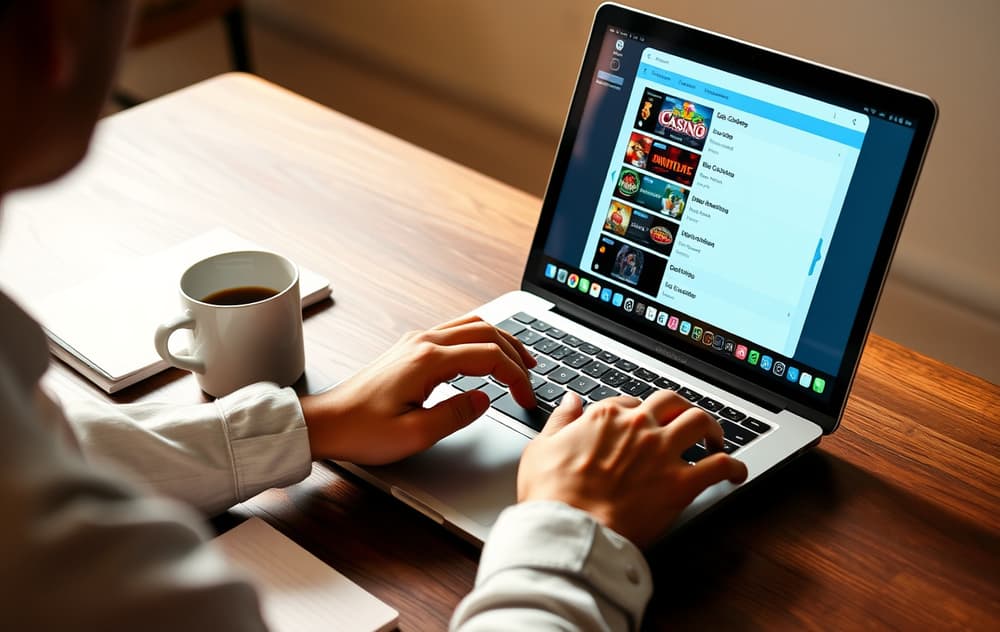 Person som sammenligner casinoer på en bærbar PC med kaffekopp og notatblokk