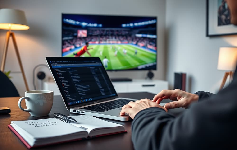 En person sammenligner fotballodds på laptop med fotballkamp på TV i bakgrunnen.