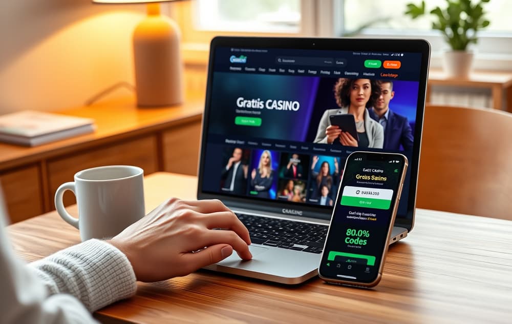 Person ved skrivebord med laptop som viser gratis casino tilbud og bonuskode på mobil.