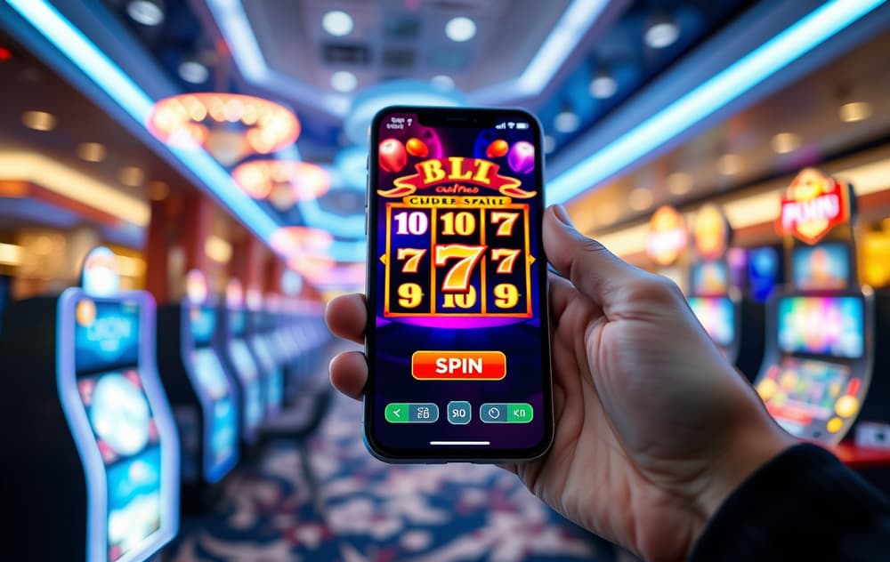 Mobiltelefon som viser et spilleautomat-spill på en casinoplattform