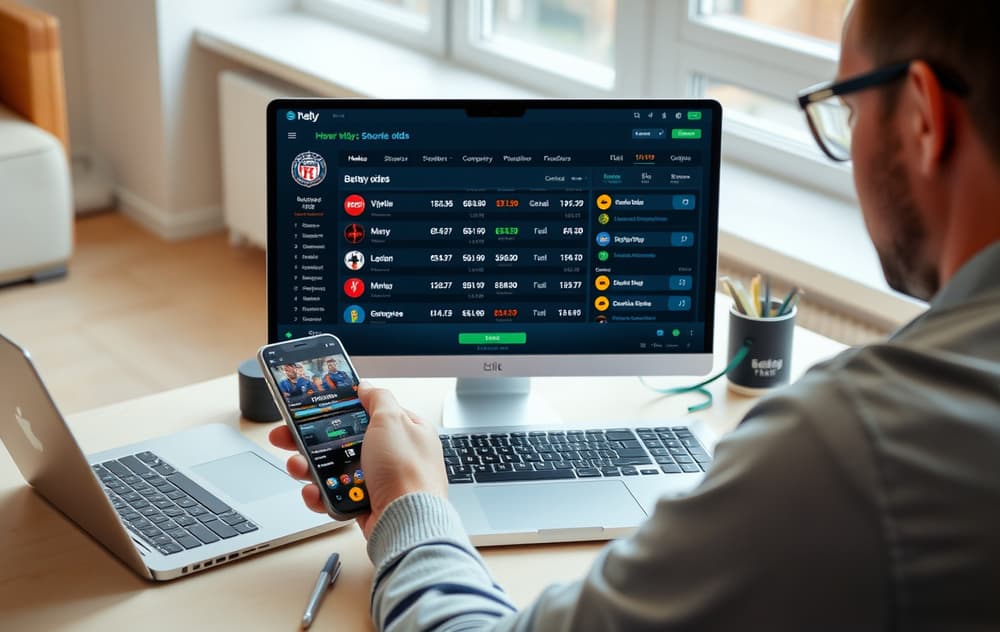 En person sammenligner odds på en bettingside på mobil og PC.