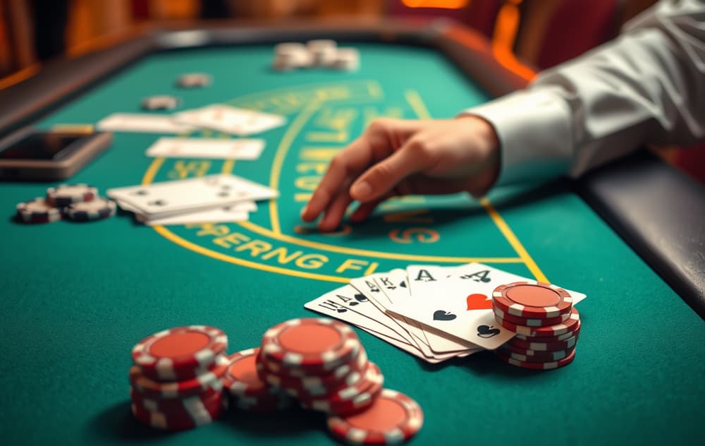 Blackjack-bord med kort og chips