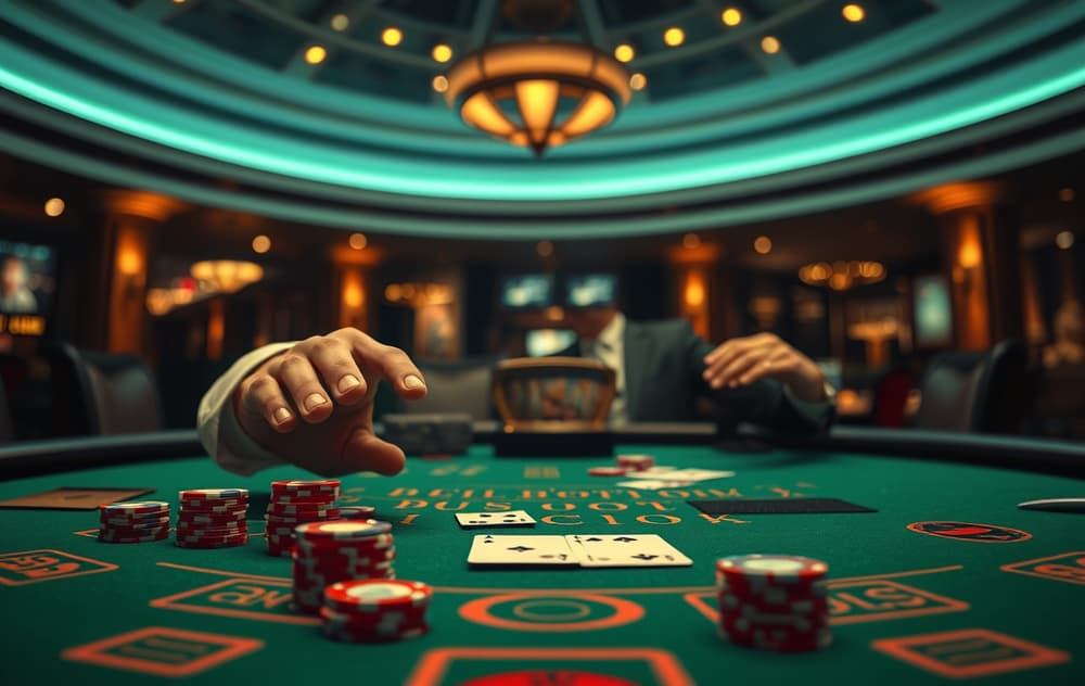 Blackjack-bord med dealer som deler ut kort i et casino.