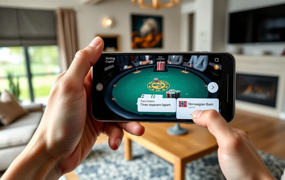 Mobiltelefon med poker på nett – Texas Hold'em-bord med kort og jetoner, norsk banklogo i varslingsfeltet.