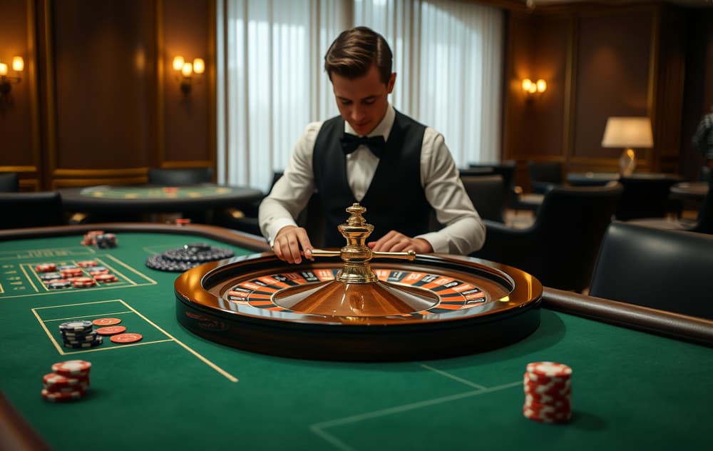 Live roulette-bord med croupier som snurrer hjulet