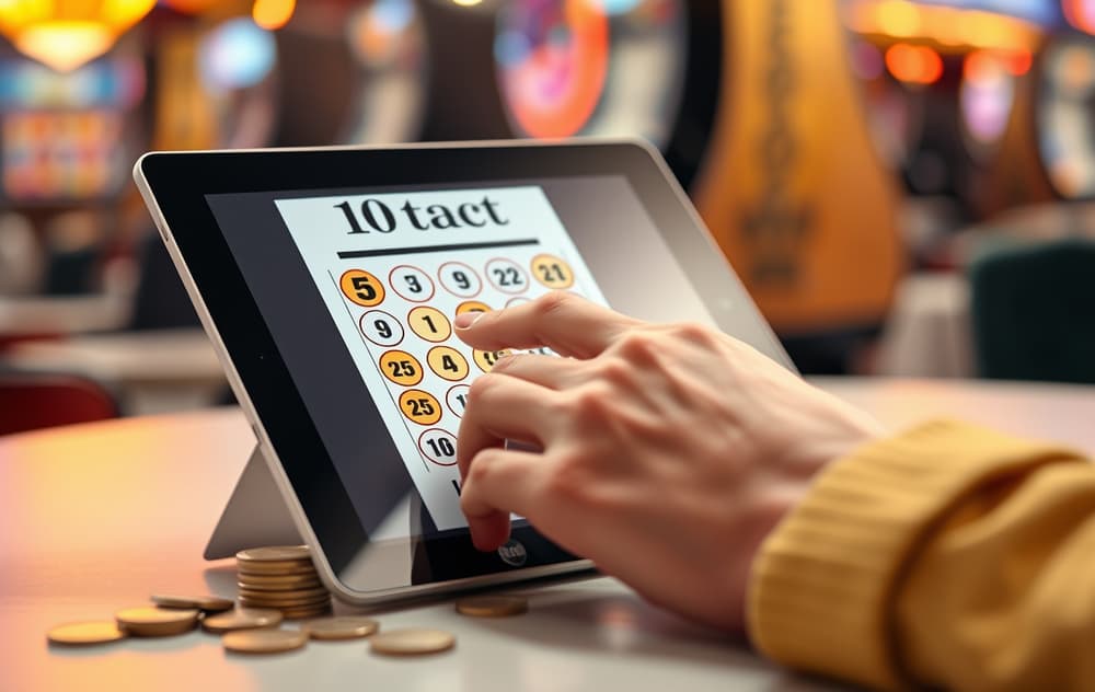 Hånd som skraper et digitalt skrapelodd på en nettbrett med mynter ved siden av